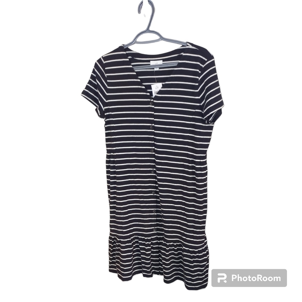J. Jill‎ Tiered Button-Front Dress Tencel/Modal Navy/White Stripe Size S NWT